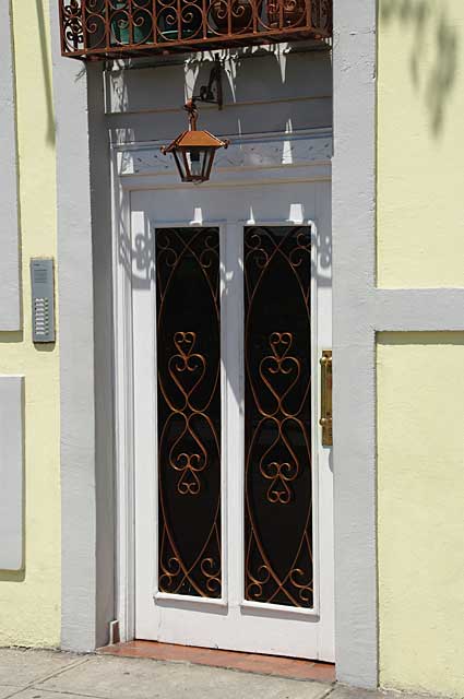 Photo Example of a door in white color finish and glass panel with decorative metal protection